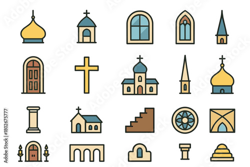 A set of 24 flat-filled icons in a pleasant pastel beige palette, depicting architectural elements and fragments of Christian churches of various styles.