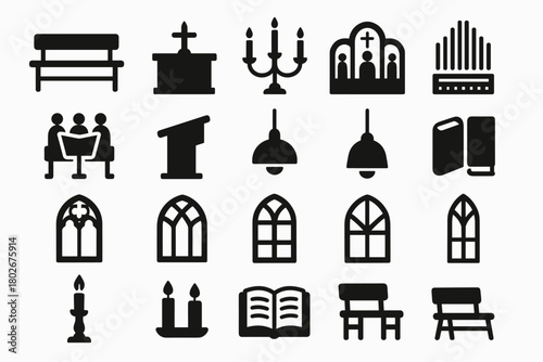 A set of 20 black silhouette icons on the theme of interior design and elements of Christian churches (mainly classical/Gothic).