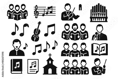A set of 20 black silhouette icons on the theme of church singing, choral worship, and musical ministry in Christianity.