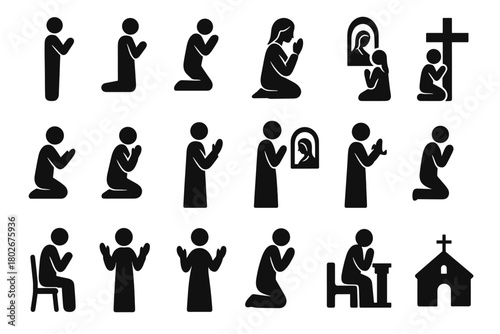 A set of 18 black silhouette icons depicting people in prayer. All figures are rendered in a simple, minimalist style and convey different poses and contexts of Christian prayer.
