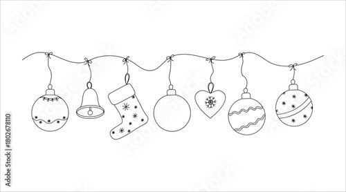 Set of Christmas garland balls bells heart bows snowflakes stocking fir decorations hend drawn vector illustration in line art style hand drawn