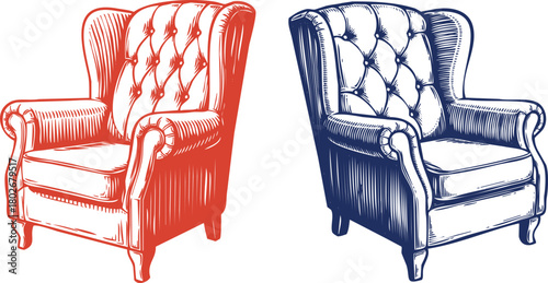 Vintage Wingback Armchair Illustrations in Red and Blue on White Background wingback chair