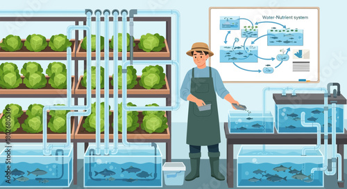 Illustration showing aquaponics system with fish and vegetables symbiotic cultivation