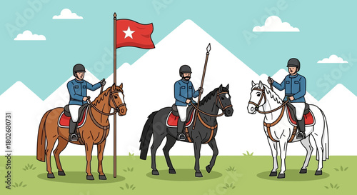 Equestrian squad holding flag and spear patrolling peaceful mountainous region