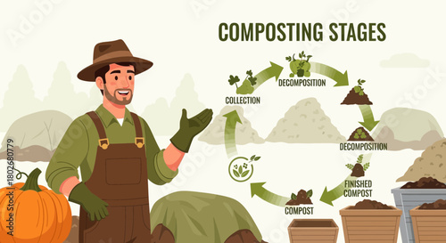 Illustrative depiction of composting process with a smiling gardener and pumpkin