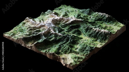 3D island terrain model on black background
