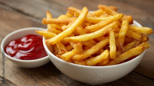 Fried potato sticks with ketchup flavor in a bowl, including shoestring and regular fries.