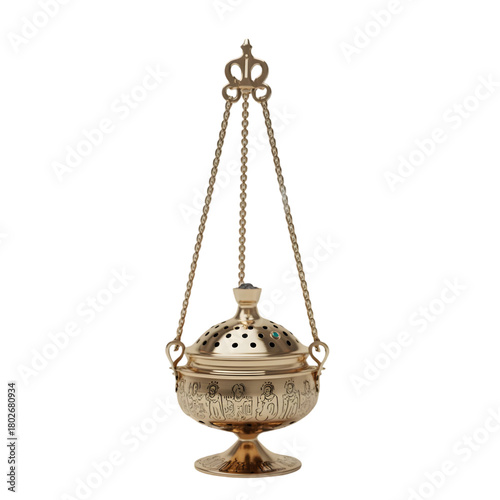 A golden censer with chains against a black background.