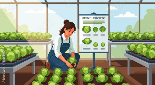 Cultivating success: Young woman planting cabbage in greenhouse with growth chart
