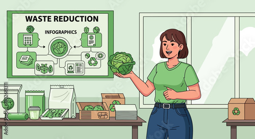 Illustration of a woman promoting zero waste lifestyle with a cabbage and infographics