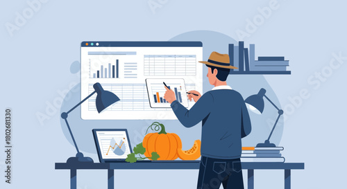 Fall financial planning analyst evaluating growth charts with autumnal produce