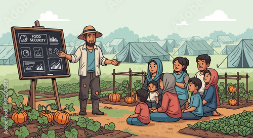 Empowering communities with sustainable agriculture in a refugee camp illustration