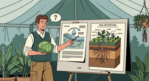 Illustration of a Gardener Explaining Soil Retention and Water Cycle Dynamics