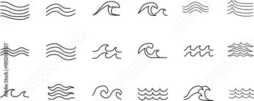 Water waves hand drawn doodle vector icon set