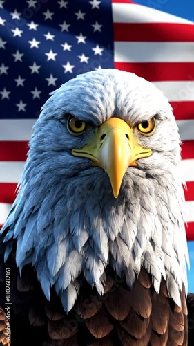 American bald eagle portrait with flag background and close up shot representing freedom