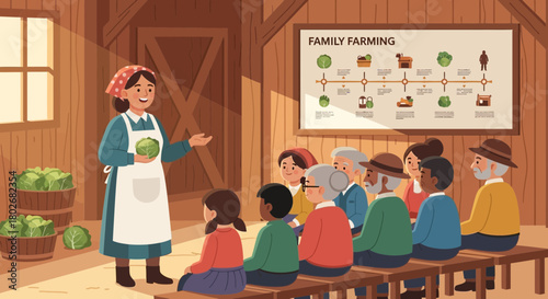 Cartoon illustration of a farmer leading a family farming class in a barn