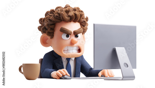 3D angry man during work png cute character transparent no background in office vibe concept.