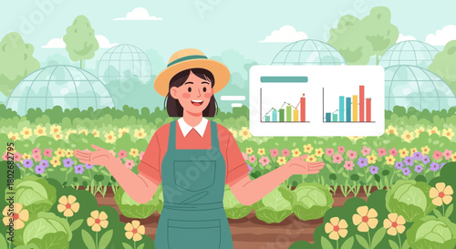 Woman in a Vibrant Garden Explaining Growing Crop Business Statistics