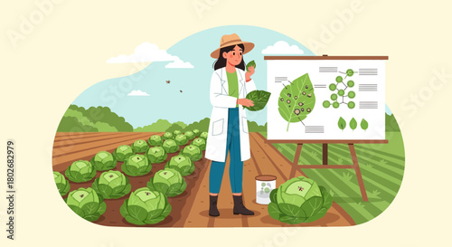 Agronomist inspecting a cabbage field for disease and analyzing the leaves