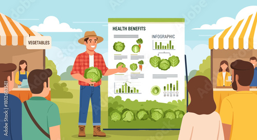 Educational farmer demonstrates cabbage health advantages to crowd at market