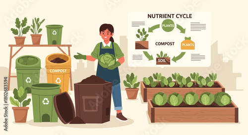 Illustration showcasing composting cycle and sustainable gardening practices for eco-conscious living
