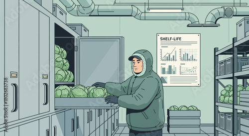 Employee manages cabbage supply in a refrigerated storage unit illustration