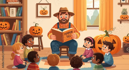A Heartwarming Autumn Story Time: Farmer Reading Pumpkin Tale to Attentive Children