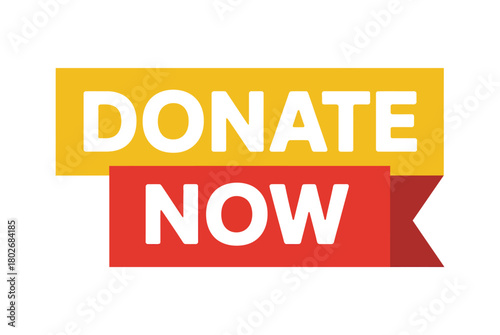 A yellow banner with the word DONATE and a red banner below it with the word NOW are displayed against a white background, suggesting a call to action for donations.