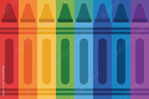 A rainbow of crayons in a vertical arrangement creates a vibrant and colorful background illustration of art supplies for children's creativity and education.