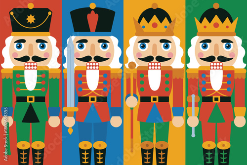 Four colorful nutcrackers stand in a row against a solid background, each holding a different accessory and wearing a distinct uniform.