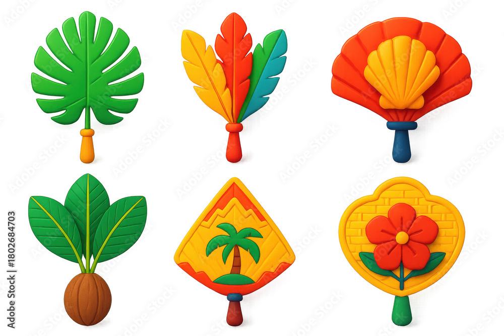 Fototapeta premium Set of six colorful, stylized plant leaves and flowers