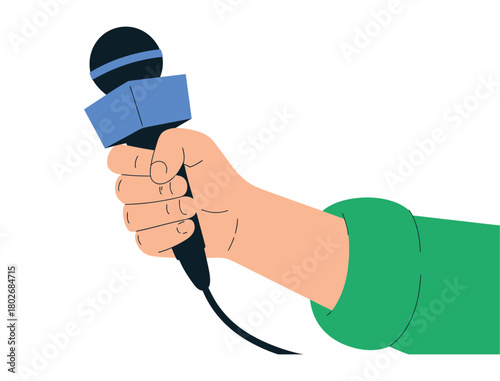 A person's hand holds a microphone with a blue rectangular logo attached, ready for an interview or broadcast.