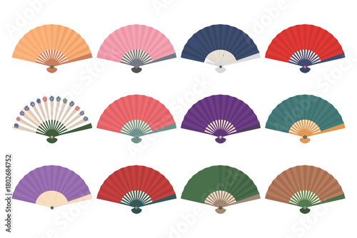A collection of twelve colorful folding fans are arranged in three rows on a white background.