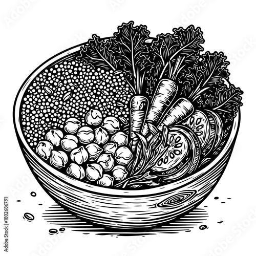 A black and white woodcut style illustration of a healthy vegetable bowl with quinoa, chickpeas, kale, and carrots.