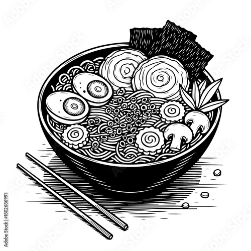 A detailed black and white illustration of a traditional Japanese ramen noodle soup bowl with various toppings.