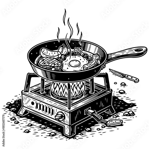 A hearty breakfast of eggs and sausage cooking in a frying pan on a portable camping stove in a vintage, hand-drawn style.