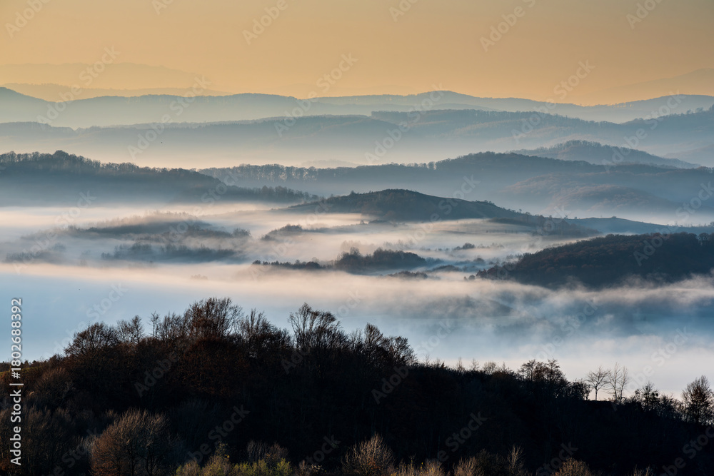 Obraz premium Misty Sunrise Over Layered Hills. Soft morning fog drapes across rolling hills at sunrise, creating dreamy layers of light and shadow in a tranquil. Perfect for nature and travel themes. 