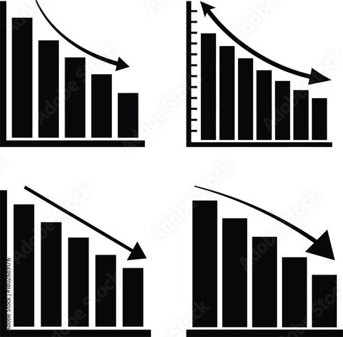 Falling bar chart icons set with downward arrow – decline, loss and recession analytics – black business vector