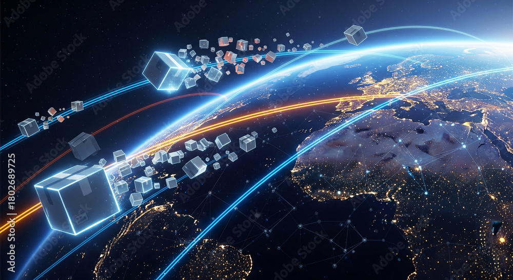 Fototapeta premium Futuristic digital illustration depicting global shipping with glowing packages traveling across a network of interconnected lines over a detailed world map