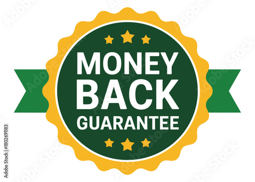 A circular badge with the words 'MONEY BACK GUARANTEE' in white text, set against a green background with a yellow outline and green ribbon accents.