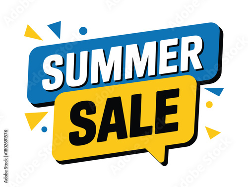 A vibrant graphic illustration announces a summer sale with bold blue and yellow lettering against a white background, accented by colorful geometric shapes.