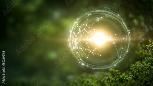 Mystical Energy Sphere: a luminous, glowing orb radiating with an inner light, intertwined with a network of interconnected points, all amidst a backdrop of lush greenery.