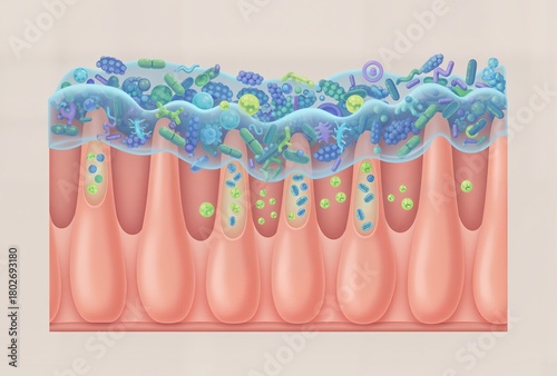 Detailed illustration of the Gut Microbiome and Mucus Barrier. Diverse bacteria are protected from the epithelial layer by a protective mucus (blue), showing host interaction.