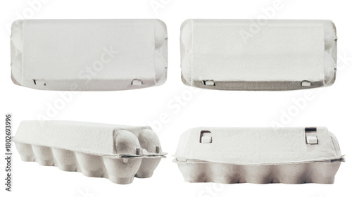 Isolated photo of closed cardboard egg container upper and side view on white background.