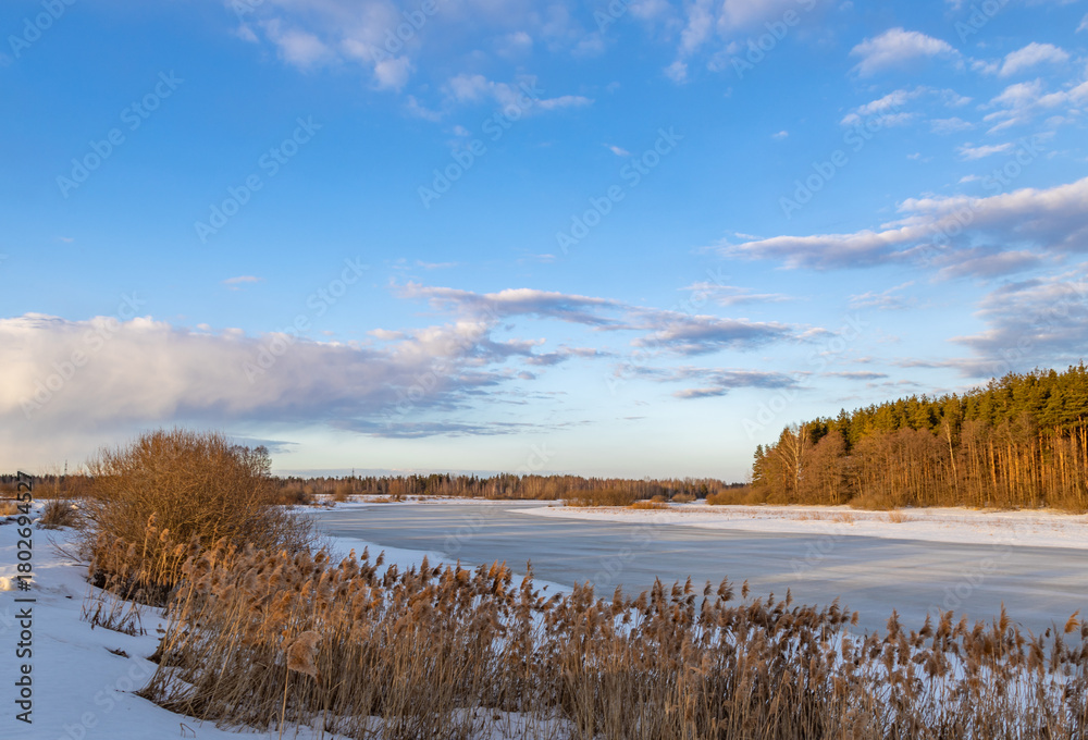 Fototapeta premium Snowy landscape with a lake and a forest