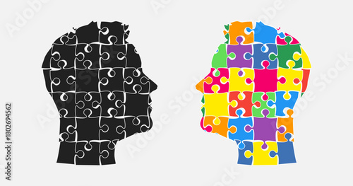 Head woman and man puzzle pieces, mental disorder