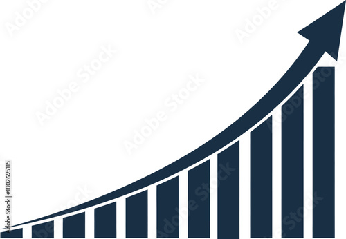 Dark blue bar chart with upward trending arrow indicating growth