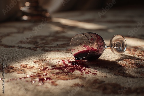 Spilled red wine on patterned carpet