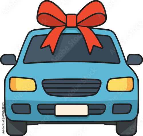 Front View Flat Automobile with Gift Bow Illustration