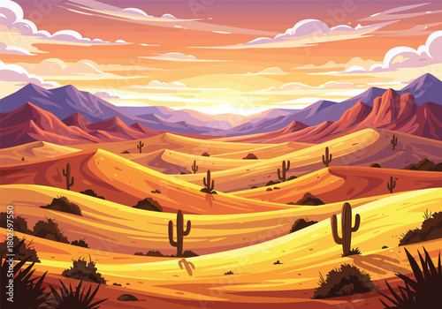 Beautiful desert landscape illustration with sand dunes, cactus plants, dramatic sunset sky, mountains, warm colors, scenic nature artwork for backgrounds